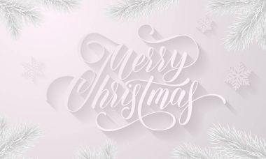 Neşeli Noel altın dekorasyon top beyaz kar tanesi desen ve köknar veya çam Noel ağacı dalları arka plan. Vektör yeni yıl diliyorum hat metin için kış tatil premium tasarım şablonu