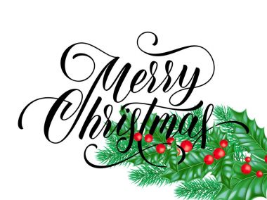 Kutsal yaprak Şubesi kış tatil kar beyaz arka plan üzerinde neşeli Noel tebrik kartı. Tasarım ve dekorasyon yeni yıl veya Noel sezon kutlaması için yazı vektör hat dilek metin