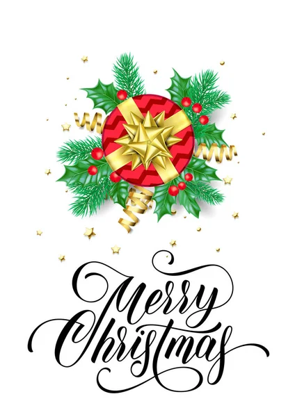 Merry Christmas gratulationskort av nya året gåva och gyllene dekoration band rosett på glittrande konfetti vit bakgrund. Vektor jul vinter semester kalligrafi bokstäver formgivningsmall — Stock vektor
