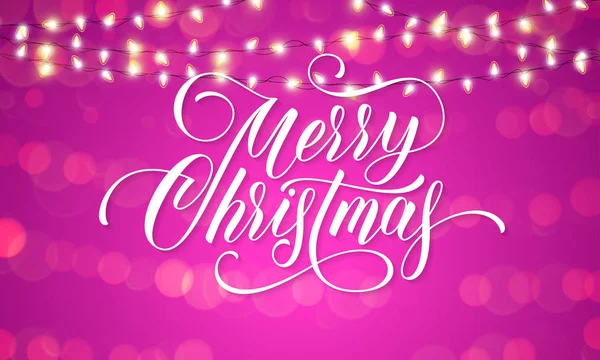 Veselé vánoční pozdrav card kaligrafie a vánoční osvětlení věnec na šumivé bokeh světlé pozadí s efekt rozostření. Vektorové slavnostní lesk a si nápis na nový rok, Zimní dovolená — Stockový vektor