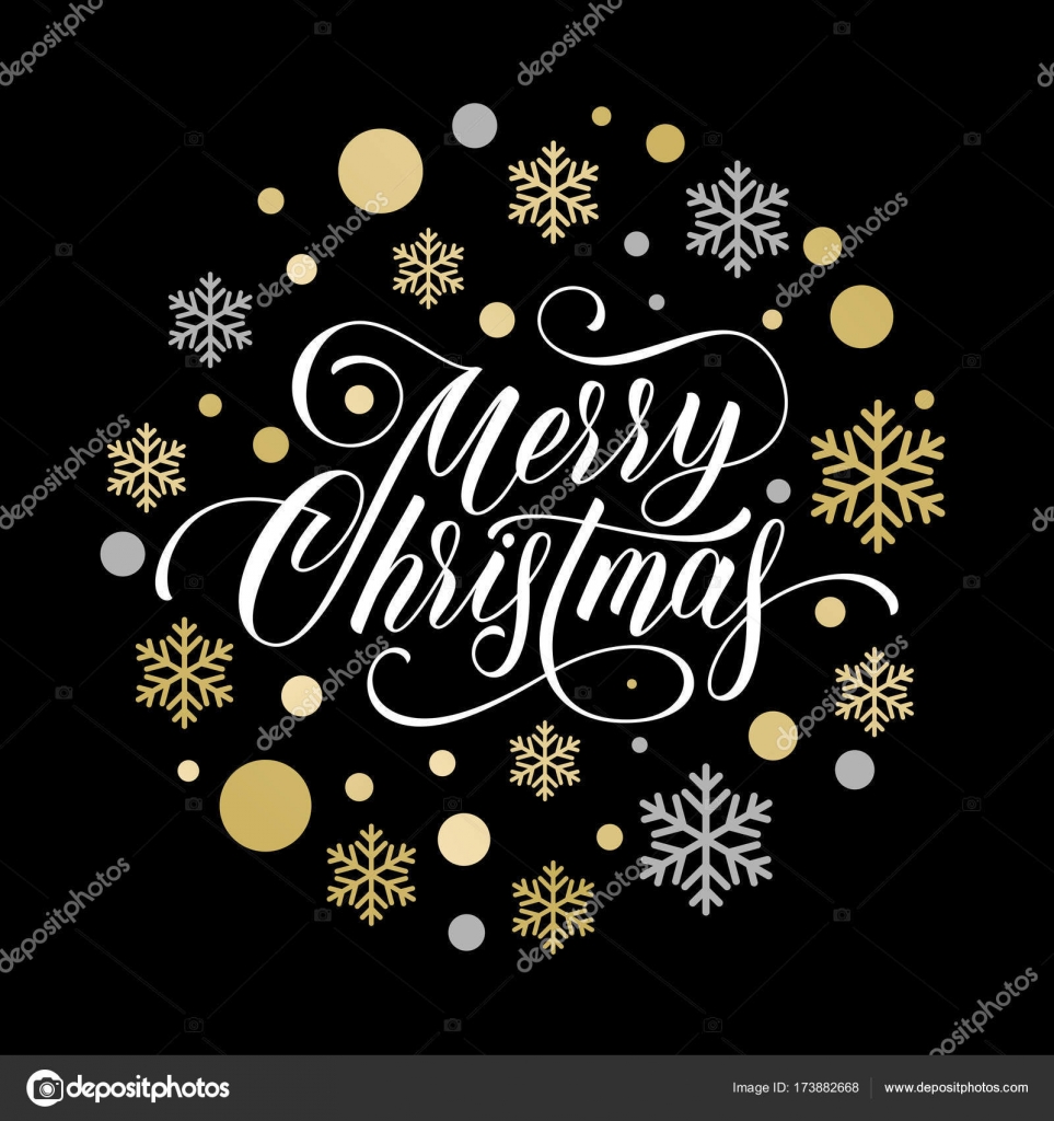 圣诞贺卡的祝愿书法文本 金色装饰球 金色的雪花五彩纸屑和明星图案的黑色背景 矢量圣诞节或新年的冬季假期 图库矢量图像 C Ronedale