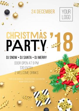 Noel, yeni yıl 2018 kış tatil kutlaması için davet afiş tasarımı parti. Vektör 24 Aralık gecesi parti bayrağı altın mevcut hediye, parlak yıldız konfeti veya altın Xmas süslemeleri