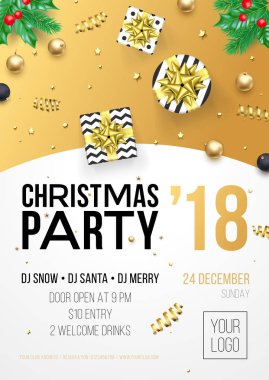 Noel, yeni yıl kutlama poster ya da davet el ilanı tasarım şablonu altın ışıltılı Xmas süslemeleri kış tatil parti. Vektör konfeti ve beyaz arka plan üzerinde mevcut altın yıldız şerit