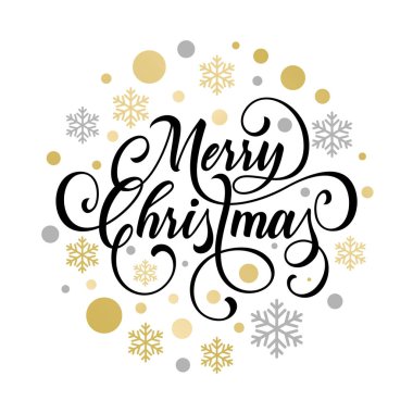 Neşeli Noel tebrik kartı altın dekorasyon top, altın ışıltılı kar tanesi konfeti ve beyaz arka plan üzerinde yıldız şekli. Vektör Noel ve yeni yıl diliyorum hat metin kış tatil için