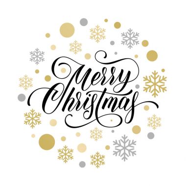 Neşeli Noel tebrik kartı hat, altın kar tanesi ve premium beyaz arka plan üzerinde yıldız deseni pırıltılı altın isterdim. Vektör Noel ve yeni yıl kış sezon tatil tasarım şablonu