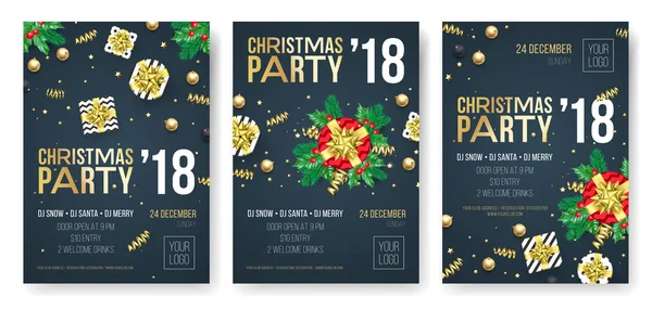 圣诞晚会请柬海报设计模板冬季假期2018年12月庆祝之夜。矢量礼物在金色丝带弓在新年黑色溢价党背景 — 图库矢量图片