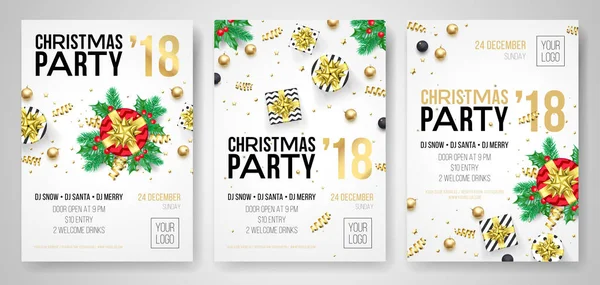 Christmas part 2018 nyår fest inbjudan affisch av flyer designmallar. Vector närvarande gåva i gyllene band rosett på snö vit bakgrund och nyår dekoration för julfest — Stock vektor