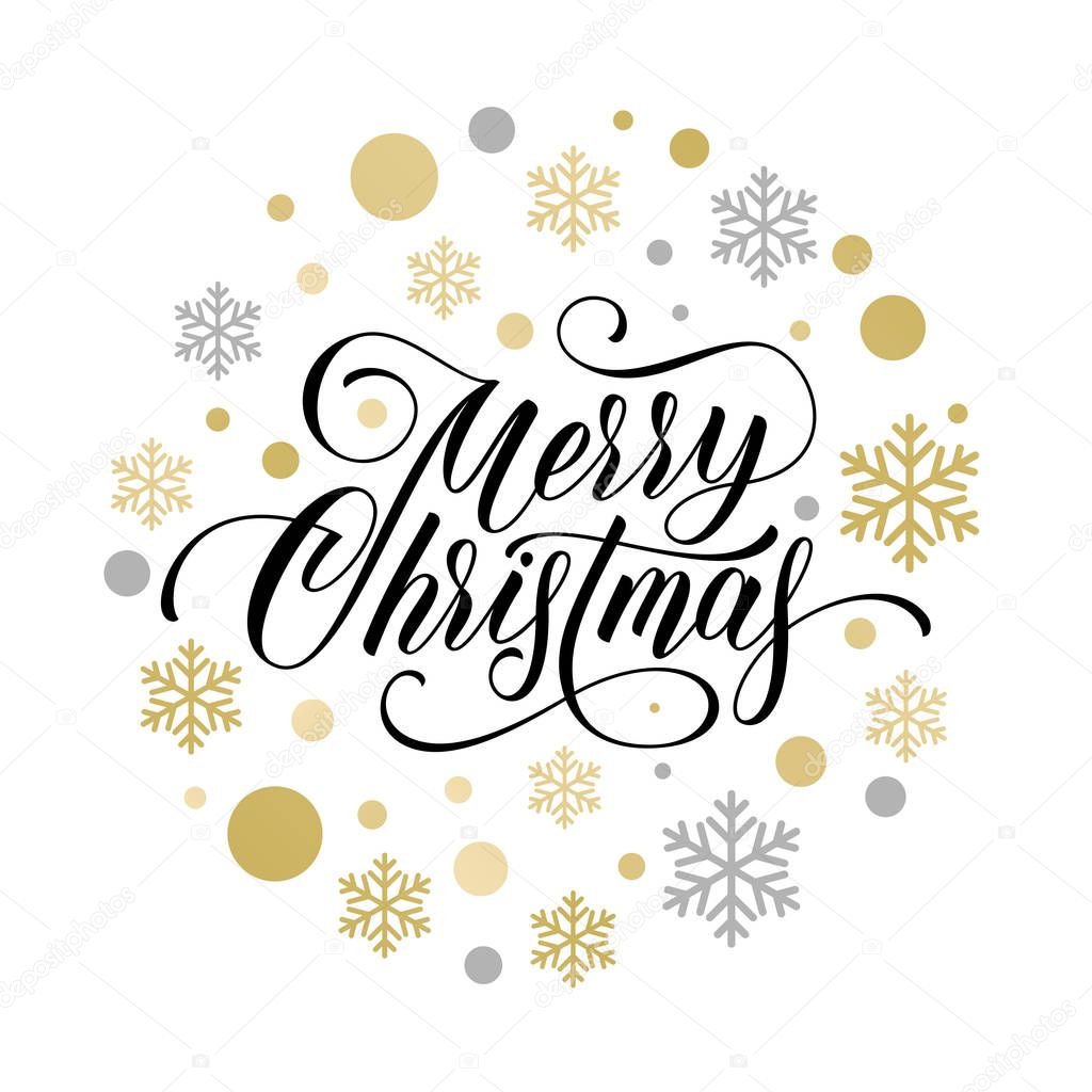 Merry Christmas greeting card wish calligraphy, golden snowflake and gold glittering star pattern on premium white background. Vector Christmas or New Year winter season holiday design template
