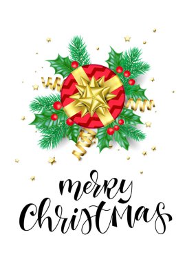 Neşeli Noel tatil arka plan şablonu ve hat metin altın dekorasyon, Hediyelik altın şerit yay veya beyaz altın konfeti. Vektör Noel ve yeni yıl tebrik kartı veya sigorta primi tasarım