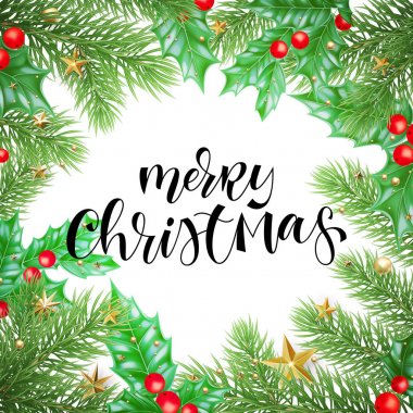Neşeli Noel tatil tebrik kartı arka plan şablonu el metin hat, altın yıldız ve topu süslemeleri Noel ağacı ve holly çelenk üzerinde çizilmiş. Vektör yeni yıl altın konfeti garland