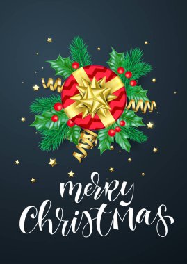 Neşeli Noel tatil arka plan şablonu el hat alıntı metin tebrik kartı için çizilmiş. Vektör altın dekorasyon, Hediyelik şerit yay veya siyah premium satış banner tasarımı üzerinde altın konfeti