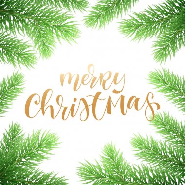 Neşeli Noel tatil tebrik kartı arka plan şablonu altın metin el hat Noel ağacı köknar dalı çerçeve çizilmiş. Vektör yeni yıl Festival kış süsleme çelenk premium beyaz