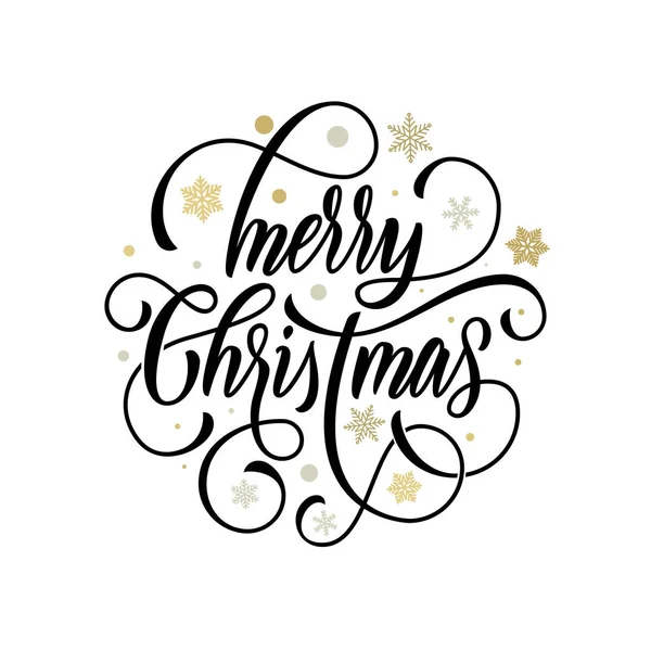 Merry Christmas blomstra handritad kalligrafi bokstäver på gyllene snöflinga prydnad mönster bakgrund. Vector swash linje typografi för gratulationskort design av festliga citat Christmas holiday text — Stock vektor