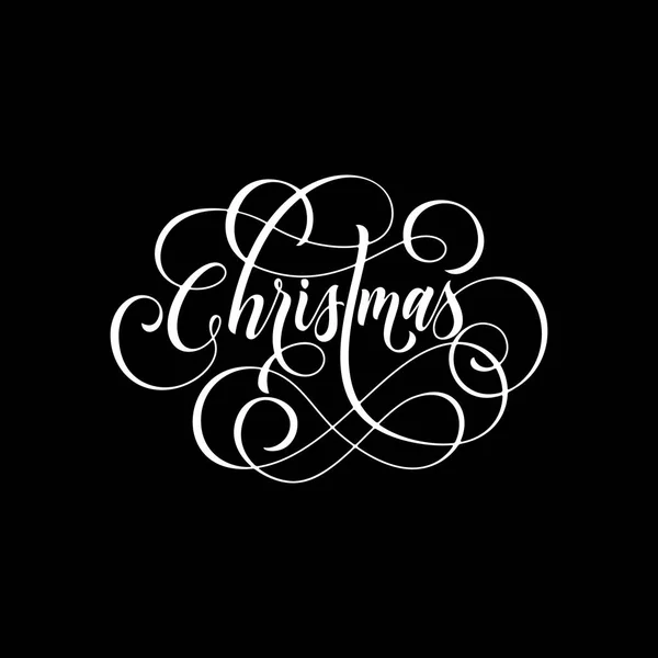 Feliz Natal florescer mão desenhada swash caligrafia lettering de tipografia linha ornamental para o projeto do cartão de saudação. Vector festivo Natal feriado citação texto no fundo preto —  Vetores de Stock