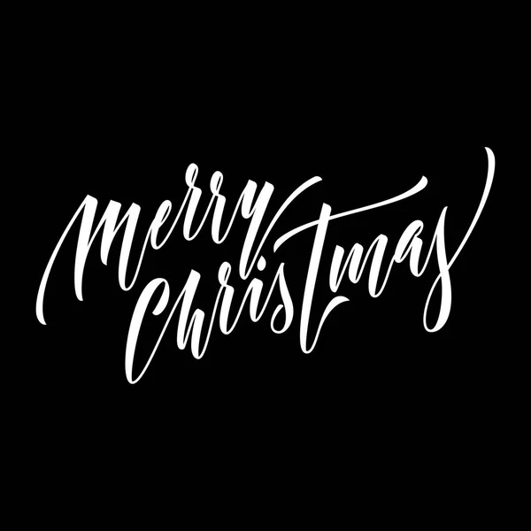 Feliz Natal mão caligrafia desenhada letras modernas tipografia de texto moderno para design de cartão de saudação. Citação caligráfica festiva vetorial para férias de Natal em fundo preto —  Vetores de Stock