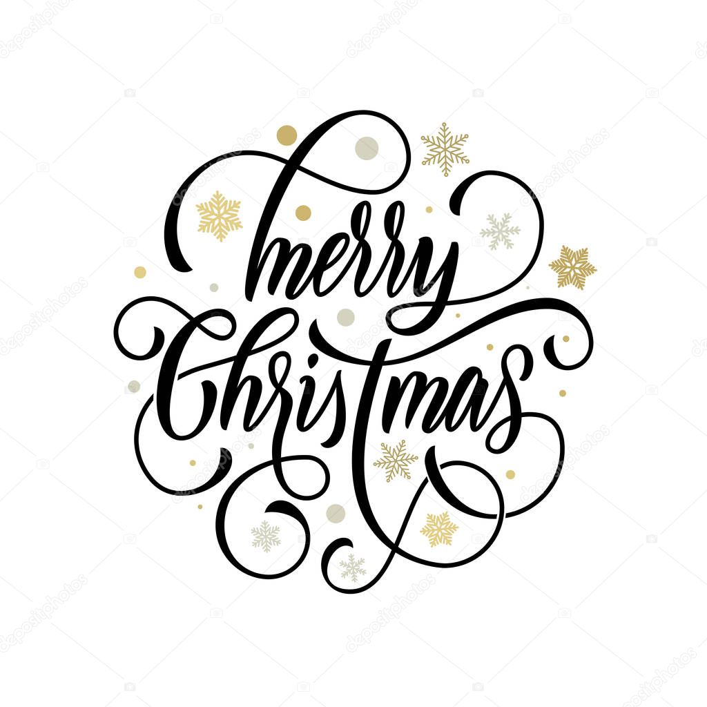 Merry Christmas flourish hand drawn calligraphy lettering on golden snowflake ornament pattern background. Vector swash line typography for greeting card design of festive quote Christmas holiday text