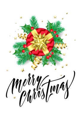 Neşeli Noel el teklif parşomen tatil tebrik kartı arka plan şablonu için çekilmiş. Vektör Noel ağacı holly çelenk dekorasyon, altın hediye ve şerit konfeti beyaz sigorta primi tasarımı