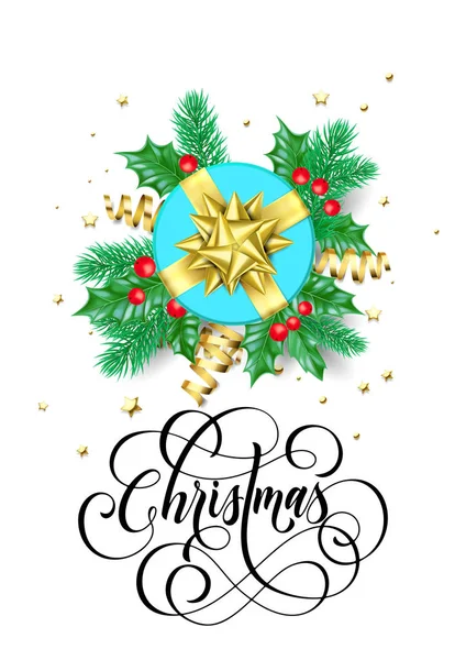 Feliz Navidad vacaciones mano dibujado caligrafía tarjeta de felicitación plantilla de fondo. Árbol de Navidad vectorial o decoración de corona de acebo, regalo de oro y confeti de cinta en diseño premium blanco — Vector de stock
