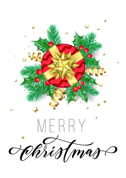 白いプレミアム冬休日デザイン テンプレートの背景にメリー クリスマスのトレンディな引用書道。ベクトル クリスマス ツリー ホリー花輪黄金の装飾、ギフト、リボン紙吹雪 — ストックベクタ