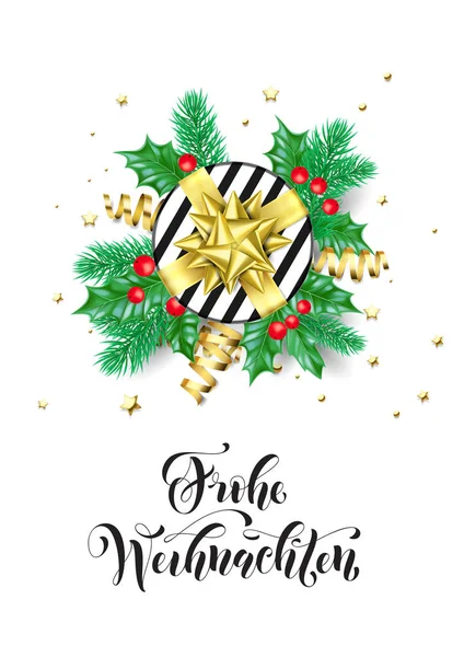 Frohe Weihnachten Deutschland frohe Weihnachten Urlaub handgezeichnet Zitat Kalligraphie Grußkarte Hintergrundvorlage. Vektor Christbaumschmuck Stechpalme Kranz Dekoration, goldenes Band Konfetti auf weißem Design — Stockvektor