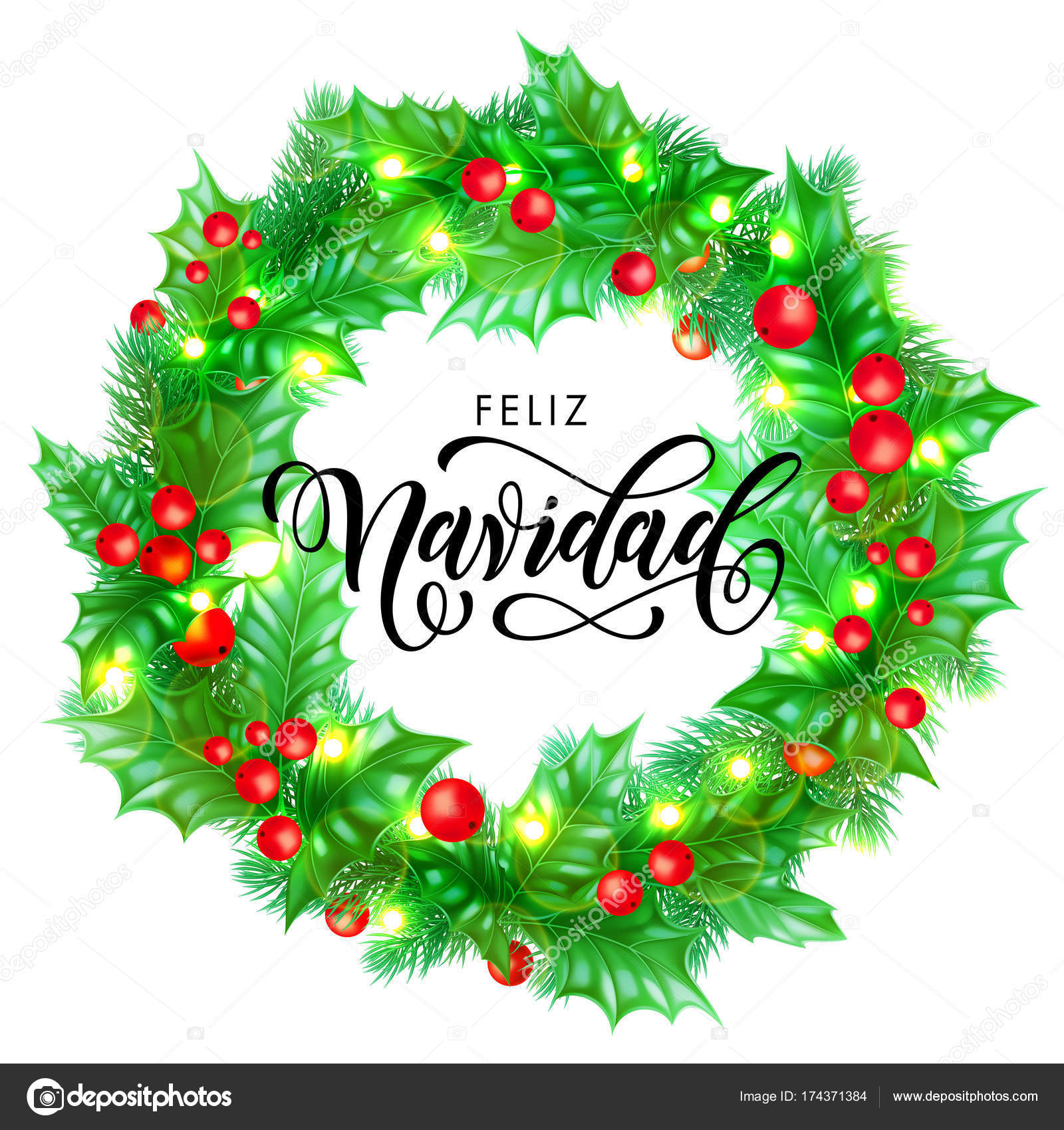 Feliz Navidad hiszpaÅ„ski Merry Christmas wakacje rÄ™cznie rysowane kaligrafia tekst dla Å¼yczeniami ozdoba wieniec i BoÅ¼e Narodzenie Å›wiateÅ‚ girlanda ramki