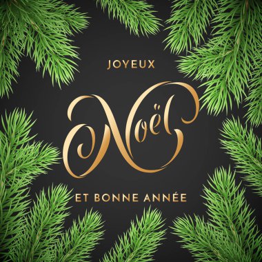 Joyeux Noel Fransız Merry Christmas ve Bonne Annee yılbaşı tatil altın elle çizilmiş alıntı hat tebrik kartı üzerinde Noel çelenk süsleme arka plan şablonu. Vektör yeni yıl dekorasyon
