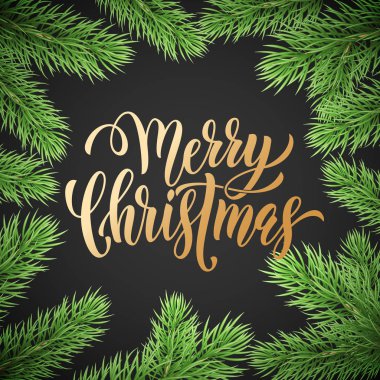 Neşeli Noel tatil altın el çekilmiş alıntı hat tebrik kartı arka plan şablonu. Noel köknar ağacı şube garland çelenk dekorasyon, altın yazı tipi metin siyah premium tasarım vektör