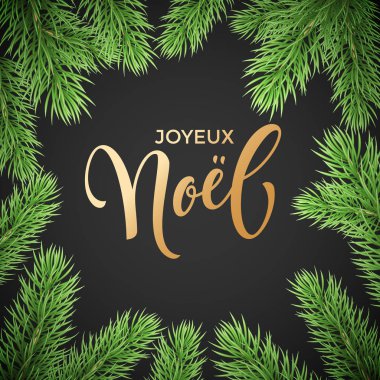 Joyeux Noel Fransız Merry Christmas tatil altın el çizilen hat metin tebrik ve köknar veya çam dalı çelenk dekorasyon için kartı tasarım şablonu. Noel altın harflerle süs vektör