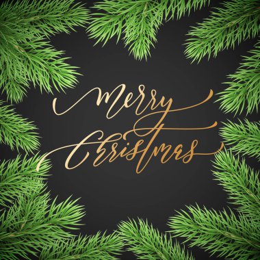 Neşeli Noel trendy altın teklif hat yazı tipi siyah sigorta primi zemin kış tatil tasarım şablonunun üzerine. Vektör Noel ağacı dalı çelenk süsleme ve altın yeni yıl yazı için