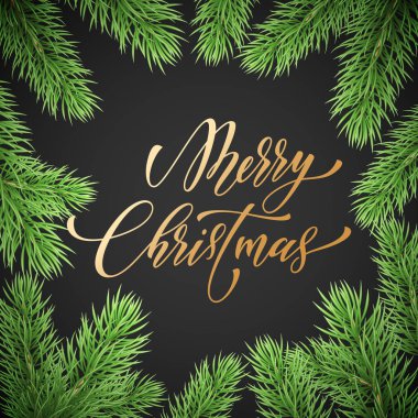 Neşeli Noel tatili altın, elle çizilmiş alıntı hat tebrik kartı arka plan şablonu. Noel çelenk dekorasyon ve siyah sigorta primi tasarımı üzerine altın metin çam dalları çelenk vektör