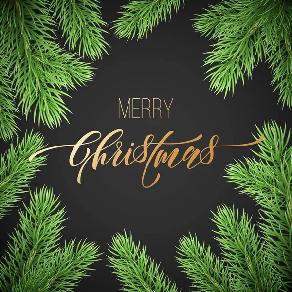 Joyeux Noël tendance or citation calligraphie police sur fond noir premium pour le modèle de conception de vacances d'hiver. Arbre de Noël vectoriel pour décoration de couronnes de branches et lettrage Nouvel An doré — Image vectorielle