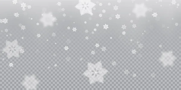 Düşen kar tanesi desen arka plan beyaz soğuk kar yağışı şeffaf arka plan üzerinde izole doku yerleşimi. Yeni yıl Noel tatil tasarım için kış Xmas kar pul buz öğeleri şablon — Stok Vektör