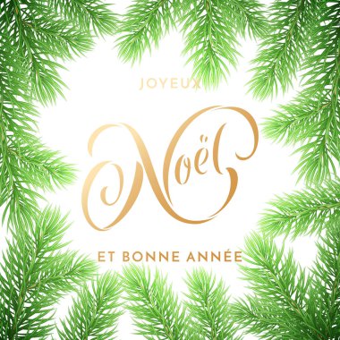 Joyeux Noel Fransız Merry Christmas ve Bonne Annee yılbaşı tatil altın elle çizilmiş alıntı hat tebrik kartı üzerinde Noel çelenk süsleme arka plan şablonu. Vektör yeni yıl dekorasyon