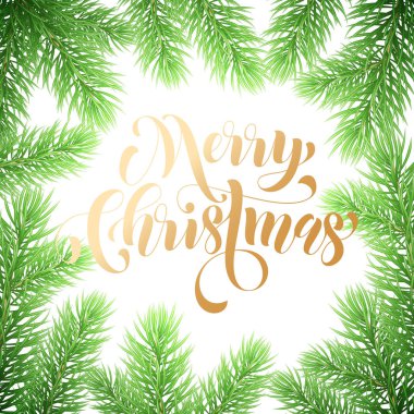 Neşeli Noel trendy altın teklif hat beyaz sigorta primi zemin kış tatil tasarım şablonunun üzerine. Vektör Noel ağacı köknar dalı çelenk dekorasyon ve altın yeni yıl garland