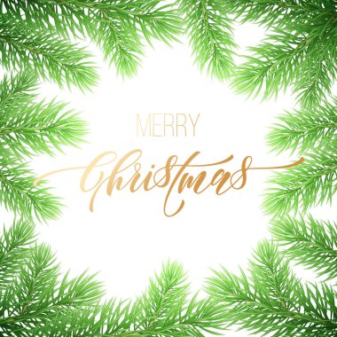 Neşeli Noel tatil altın el çekilmiş alıntı hat tebrik kartı arka plan şablonu. Noel köknar ağacı dalı garland çelenk dekorasyon, altın yazı tipi metin beyaz sigorta primi tasarımı vektör