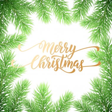 Neşeli Noel tatili altın, elle çizilmiş alıntı hat tebrik kartı arka plan şablonu. Noel çelenk dekorasyon ve beyaz sigorta primi tasarımı üzerine altın metin çam dalları çelenk vektör