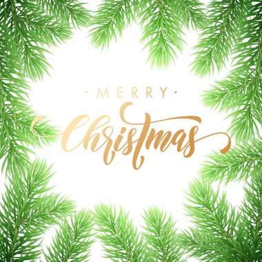 Neşeli Noel trendy altın teklif hat yazı tipi beyaz sigorta primi zemin kış tatil tasarım şablonunun üzerine. Vektör Noel ağacı dalı çelenk süsleme ve altın yeni yıl yazı için