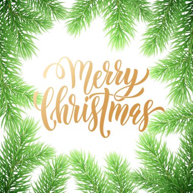 Neşeli Noel tatil el alıntı altın hat tebrik kartı arka plan şablonu çekilmiş. Vektör Noel ağacı köknar veya çam çelenk şube dekorasyon beyaz sigorta primi tasarımı