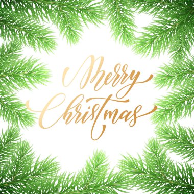 Neşeli Noel tatil el alıntı altın hat tebrik kartı arka plan şablonu çekilmiş. Vektör Noel ağacı köknar veya çam çelenk şube dekorasyon beyaz sigorta primi tasarımı