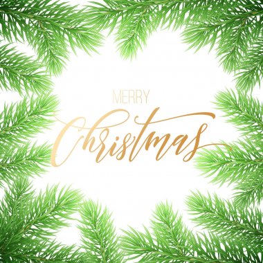 Neşeli Noel tatil el alıntı altın hat tebrik kartı arka plan şablonu çekilmiş. Vektör Noel ağacı köknar veya çam çelenk şube dekorasyon beyaz sigorta primi tasarımı