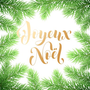 Joyeux Noel Fransız Merry Christmas tatil altın el çizilen hat metin tebrik ve köknar veya çam dalı çelenk dekorasyon için kartı tasarım şablonu. Noel altın harflerle süs vektör