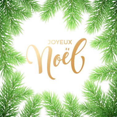 Joyeux Noel Fransız Merry Christmas trendy altın teklif hat ve köknar dalı çelenk beyaz sigorta primi zemin kış tatil tasarım şablonunun üzerine. Vektör yeni yıl ağacı çelenk çerçeve altın yazı tipi