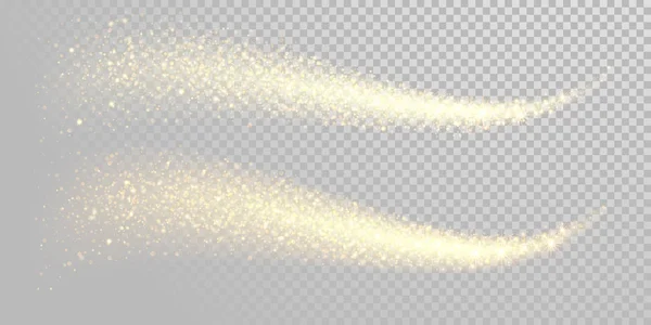 Kerstvakantie gouden glitter lichtgolf achtergrond sjabloon van sprankelende gouddeeltjes en confetti glanzend effect. Vector glinsterende shimmer schittering trail voor Nieuwjaar of Christmas wit design — Stockvector