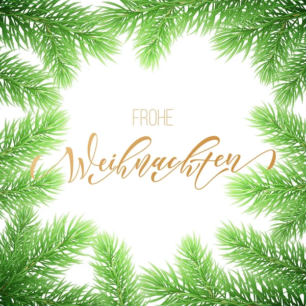 Frohe weihnachten deutscher frohe Weihnachten goldener handgezeichneter Kalligrafie-Text für Grußkarte mit Kranzdekoration und Weihnachtsgirlanden-Rahmen. Vektor Wintersaison goldene Schrift und Hintergrund — Stockvektor