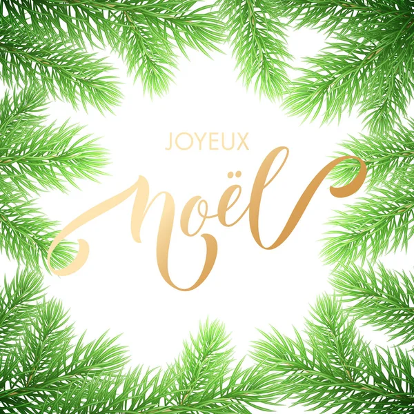 Joyeux Noel French Merry Christmas golden hand dibujó caligrafía y corona de ramas de árbol de Navidad para la plantilla de fondo de tarjeta de felicitación navideña. Vector árbol de Año Nuevo decoración letras doradas — Vector de stock