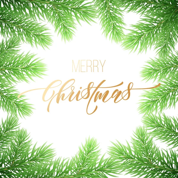 Neşeli Noel tatil altın el çekilmiş alıntı hat tebrik kartı arka plan şablonu. Noel köknar ağacı dalı garland çelenk dekorasyon, altın yazı tipi metin beyaz sigorta primi tasarımı vektör
