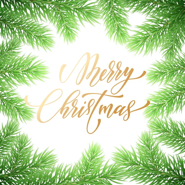 Neşeli Noel tatil el alıntı altın hat tebrik kartı arka plan şablonu çekilmiş. Vektör Noel ağacı köknar veya çam çelenk şube dekorasyon beyaz sigorta primi tasarımı