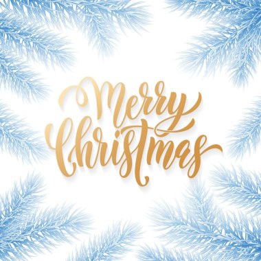 Neşeli Noel tatili altın, elle çizilmiş alıntı hat tebrik kartı donmuş mavi kar arka plan şablonu. Garland dekorasyon ve altın metin beyaz premium tasarım vektör Noel çam dalları