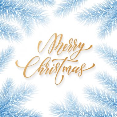 Neşeli Noel trendy altın teklif hat yazı tipi kış tatil tasarım şablonunun mavi donmuş buz arka plan üzerinde. Vektör Noel ağacı dalı çelenk süsleme ve altın yeni yıl yazı için