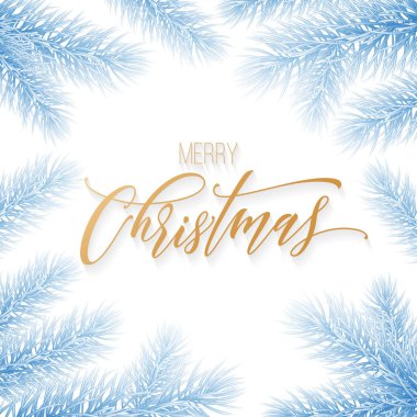 Neşeli Noel ve mutlu yeni yıl altın çizilmiş alıntı hat yazı donmuş kar süsleme tatil tebrik kartı ver. Noel köknar ağacı dalı mavi çerçeve dekorasyon arka plan şablonu vektör